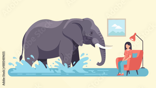An elephant stands in water inside a room with a woman sitting in a chair