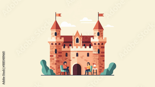 Cartoon castle with two figures sitting outside reading