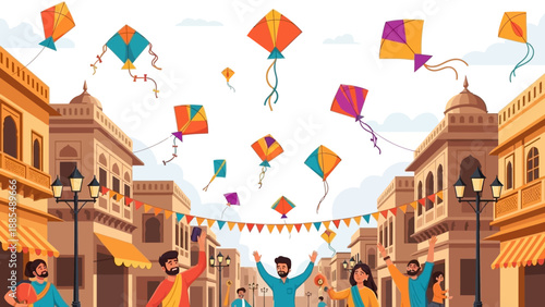 Vibrant street scene of people celebrating Makar Sankranti kite festival in India with colorful kites and decorations in a lively atmosphere.