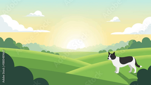 Black and white dog stands on a green hill at sunrise