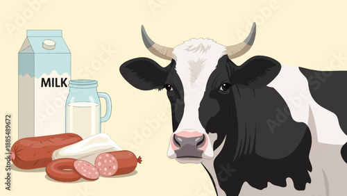 Black and white cow with milk carton, jar, and sausages
