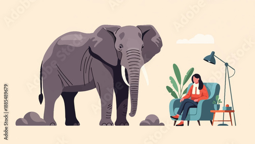 An elephant stands near a woman sitting in an armchair with a lamp