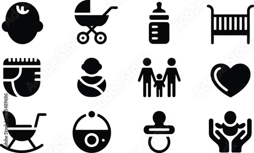 A diverse collection of black silhouette icons showing baby care items, family, and parental love