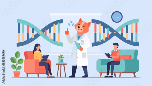 Anthropomorphic scientist presents DNA to seated learners in a modern setting