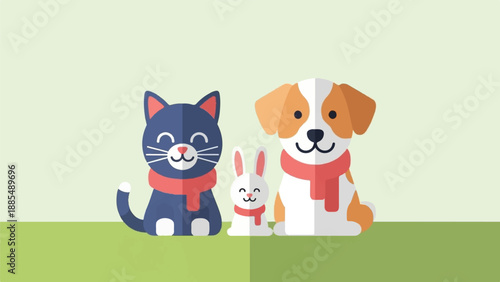 Cartoon cat, dog, and rabbit wear scarves on grass