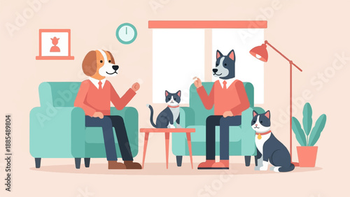 Anthropomorphic dogs and cats in a modern living room