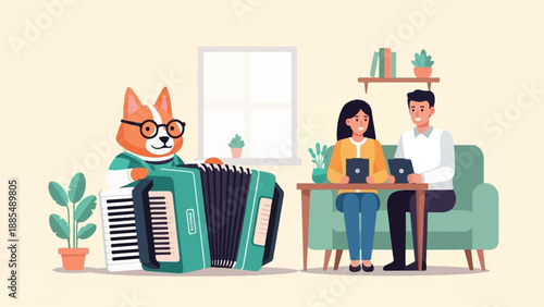 Anthropomorphic dog plays accordion for couple with tablets in cozy room