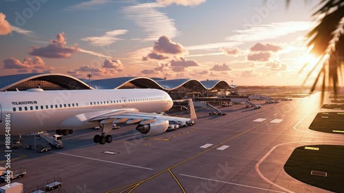 Airplane at modern airport terminal with palm fronds framing the scene