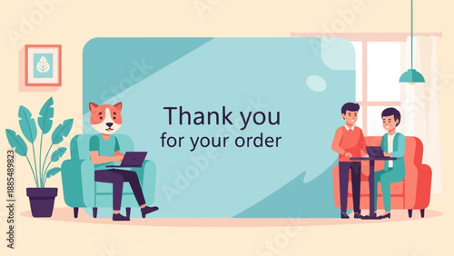 Anthropomorphic dog and two men interact with laptops in a cozy room