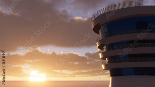 Airport control tower and departing passenger plane. Airline transportation idea concept. Travel by plane, vacation. Aviation. Aircraft flying in blue sky. Airport traffic control tower