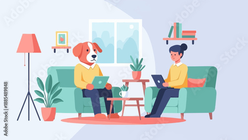 Anthropomorphic dog and person using laptops in a cozy room