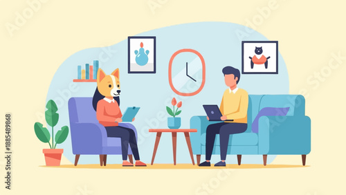 Anthropomorphic dog and man in living room with laptops