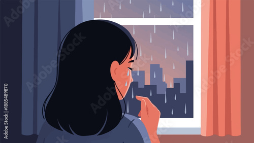 A woman cries while looking out a window at a rainy cityscape