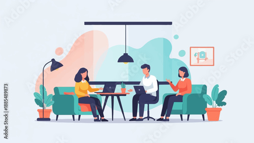 Casual meeting with laptops on sofas and table in office