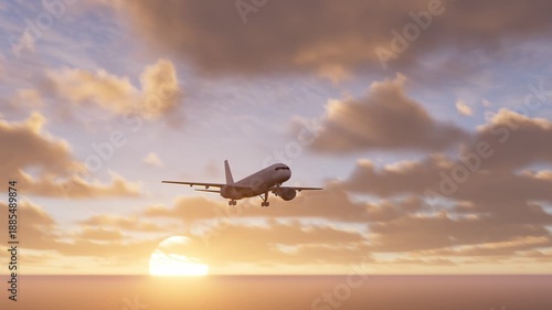 Airplane impressive landing flying overhead. Airplane flies in sunrise sky. Travel. Airplane takes off against the background of sunset sky.