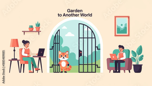 A whimsical scene with people working on laptops near an open garden gate with a fox