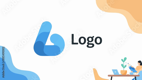 Abstract blue logo beside text; person waters plant at desk with laptop