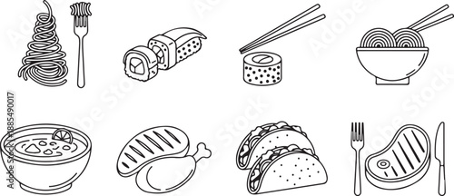 Assorted Food Icons: Noodles, Steak, Sushi, Tacos, Chicken, Pizza Isolated on white background