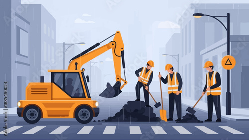 City construction workers dig and excavate in the rain with heavy machinery