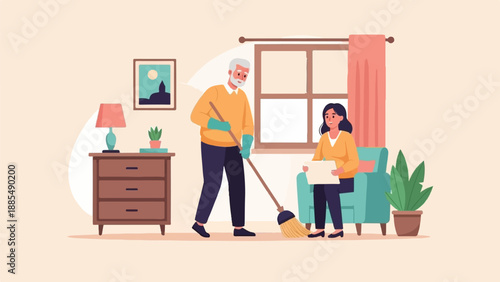 An older man sweeps the floor while a younger woman reads a document