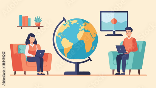 A woman and man work on laptops near a globe, with a TV on the wall