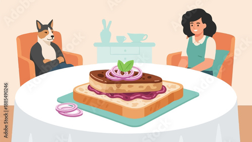 A whimsical illustration of a dog and woman sharing a meal with a fancy sandwich