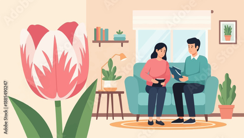 A woman and man sit in a living room discussing something