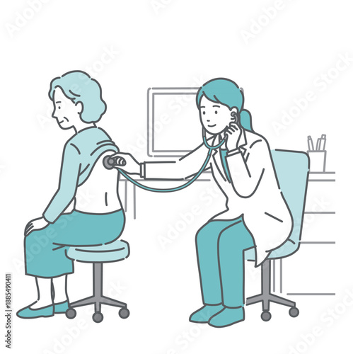 白衣を着た女性医師による高齢女性（おばあちゃん）の背中の聴診・診察のイラスト