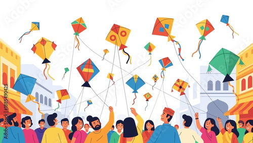 Vibrant illustration of people flying colorful kites in a lively street scene during the Makar Sankranti festival in India with a joyful atmosphere.