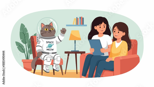 Cat astronaut greets women reading on sofa