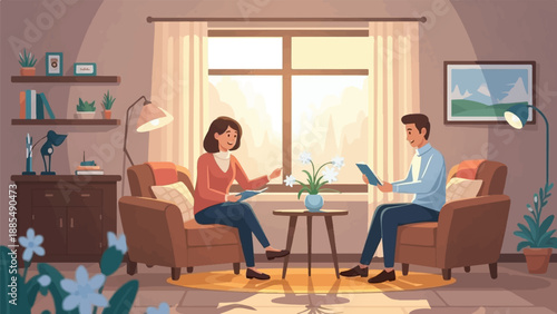 A woman and man seated in armchairs in a living room reading