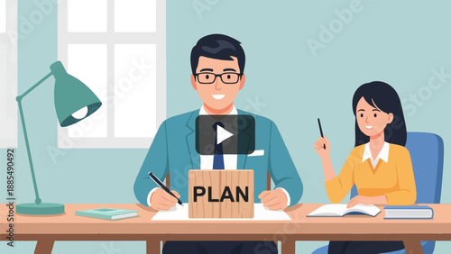 Animated office scene Man and woman collaborate on a plan