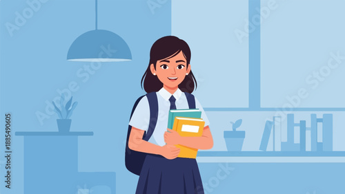 A young student in school uniform with a backpack and books
