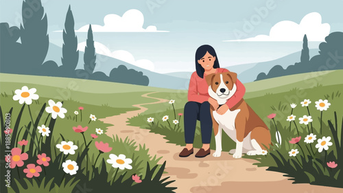 A woman and her dog enjoy a peaceful moment on a winding path surrounded by flowers and rolling hills