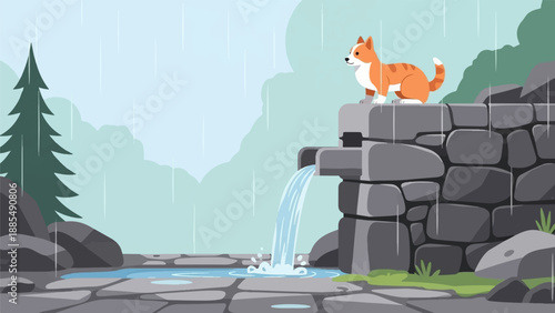 An orange and white dog sits atop a stone wall as rain falls and water flows