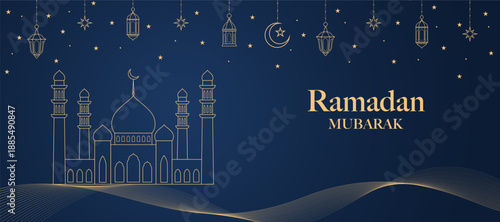 Ramadan Kareem template of background with mosque and arabic lanterns.  Abstract minimal line art design. Vector illustration.