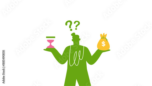 A green silhouette of a man juggling a martini glass, a money bag, and question marks, symbolizing conflicting desires and financial uncertainty.
