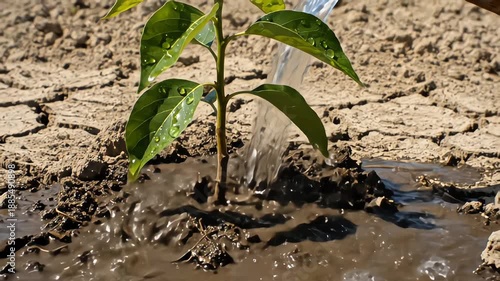 Ultra realistic macro video of water nourishing a newly planted sapling, symbolizing environmental responsibility and forest conservation