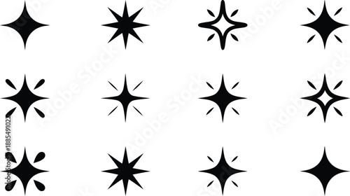 A diverse range of black sparkle and shine icons for illustrating brightness or newness