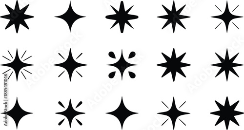 A diverse group of black sparkle and star icons shining brightly on a pristine white surface
