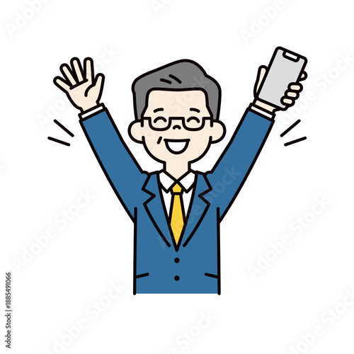笑顔でバンザイ・大喜びする、シニア世代の上司・社長・経営者のシンプルなベクターイラスト素材