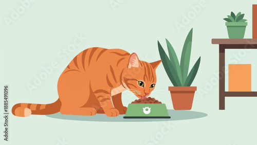 An orange tabby cat enjoys a meal from a green bowl with a paw print