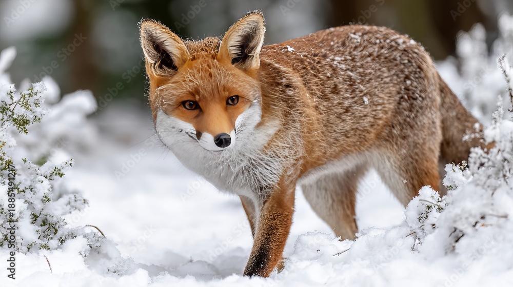 Fototapeta premium A Curious Red Fox Gracefully Exploring A Snowy Forest Landscape Surrounded By White Bushes.