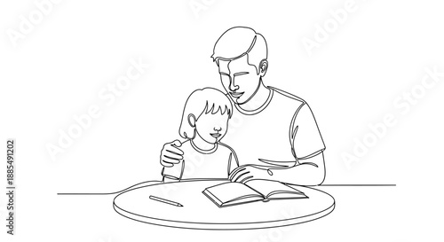Father and Son Reading Together at Table.