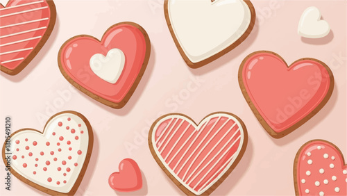 An overhead view of heart-shaped sugar cookies decorated with pink and white icing