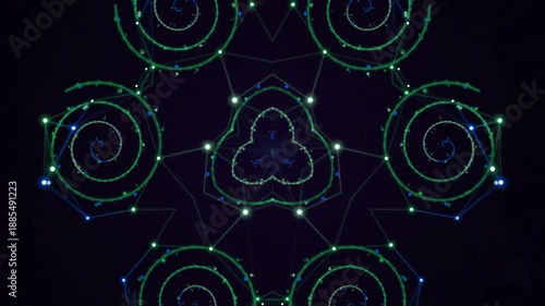 Kaleidoscope pattern with green spirals and bright nodes, suitable for backgrounds, graphics, and design projects. Ideal for visual projects needing abstract geometric patterns.