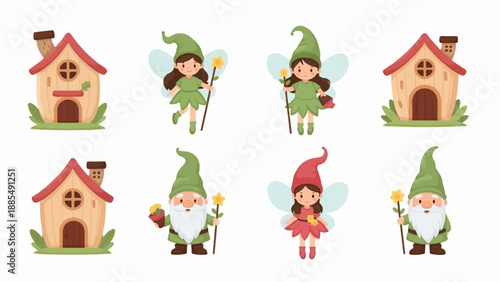 Charming cartoon gnomes and fairies in whimsical forest homes