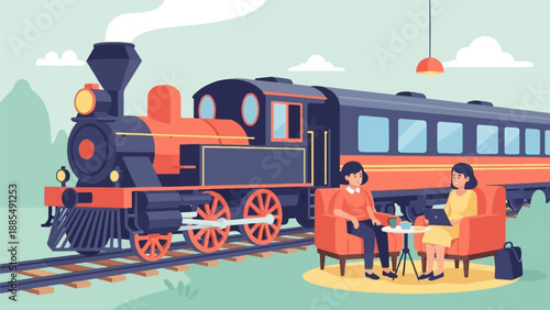 A vintage train sits on tracks next to two women relaxing on chairs