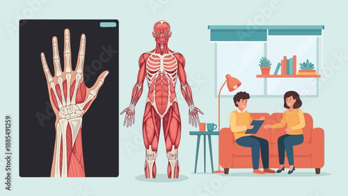 Anatomical illustrations of hand, body, and a consultation