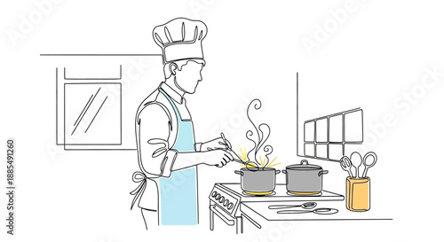 Chef Cooking with Pots on Stove.